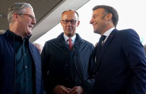 Канцлер Німеччини Фрідріх Мерц, премʼєр Великої Британії Кір Стармер і президент Франції Емманюель Макрон прибули з візитом до Києва 10 травня 2025 року. Фото: ТГ Андрія Єрмака
